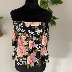 Kona Sol- Elegant Floral Off-Shoulder Blouse Size S| Black and Pink Boho Chic